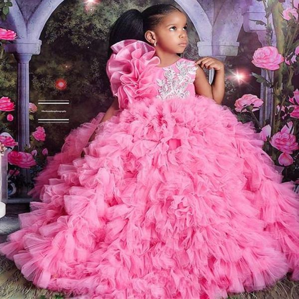 2022 Luxury Pink Organza Pageant Vestres Quinceanera para Little Girls Halter 3D Flores Florais Lace Flor Girl Primeira Comunhão Vestido 225N