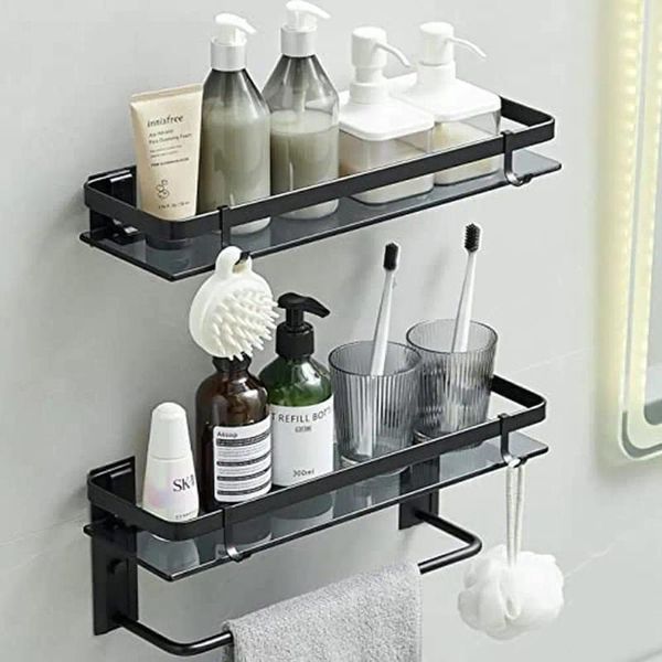 Scatole di stoccaggio Scaffale per bagno in vetro in vetro nero montato con ganci e barra da asciugamano a 2 livelli