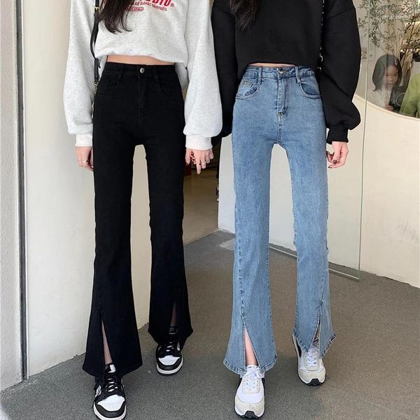 Jeans feminina moda de cintura alta folha feminina casual streetwear lim-fit jeans skinny calça feminina garotas vintage sinos garotos