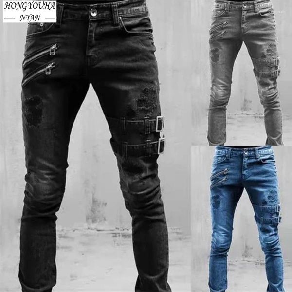 Jeans maschi streetwear maschio nero sottile gamba dritta maschi pantaloni cacual strappati abiti da uomo strappato moto harajuku lunghi pantaloni di jeans