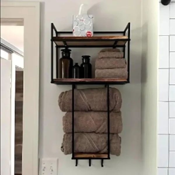 Caixas de armazenamento Montou banheiros organizadores de toalhas montados na parede com ganchos e prateleira solução de banheiro de madeira de metal resistente à ferlícita ideal