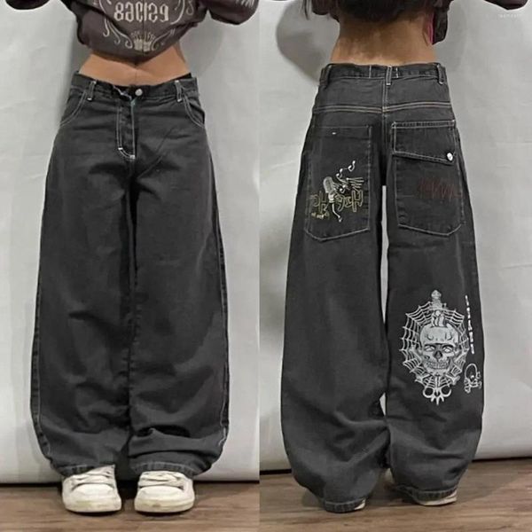 Jeans masculinos Y2K Retro Nicho Design Street Hip-hop para homens e mulheres com calças bordadas de crânio