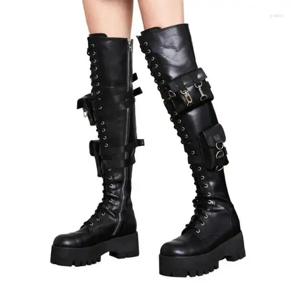 Stiefel Drop Woman Black Punk Style Tasche über die knielange dicke Sohle Brieftasche Plattform runde Zehen lange Schuhe