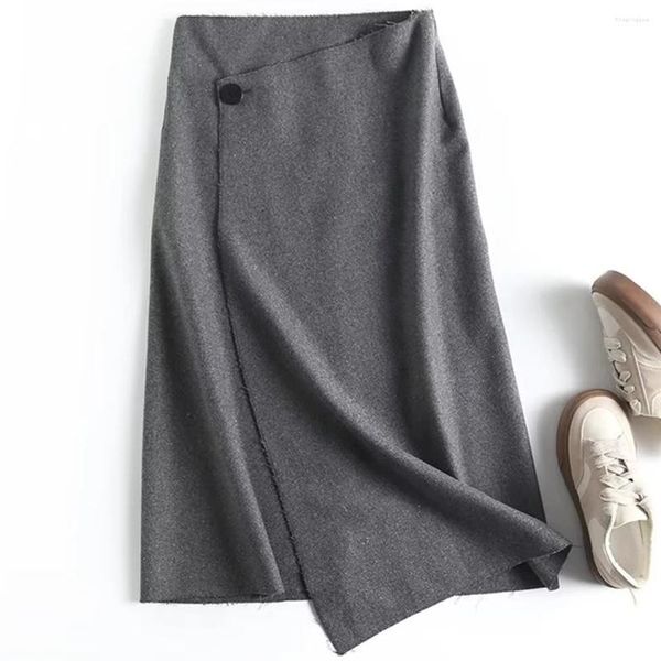 Röcke Maxdutti England Style Büro Lady Fahsion graue Farbe Asymmetrische Wolle Midi Frauen