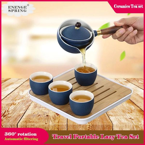 Conjuntos de Teaware Conjunto de 9 peças Viagem Tea portátil 360 ° Rotativo Filtro automático Bule para fabricar Brewing em Kit de bandeja/xícara de infusão de caneca