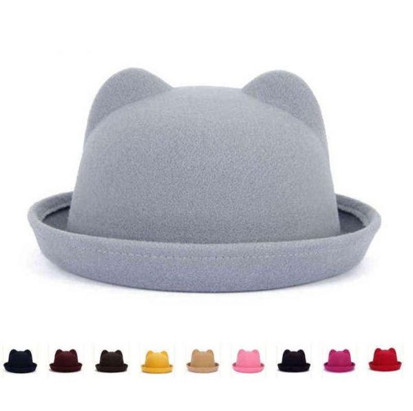 Moda Parentchild Bowler Hat Hat Wool Fedora Chapéus Fedora For Women Girls Gato Cato Sólido Cap formal Cap