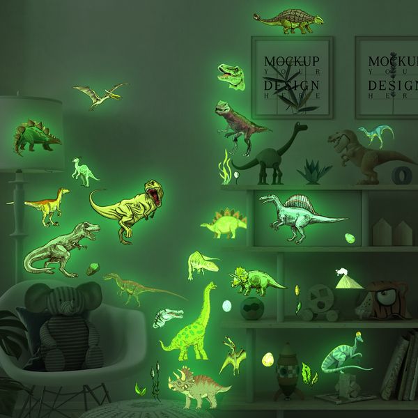 Cartoon Dinosaur Luminous Wall Stickers para quarto e decoração de quarto infantil adesivos de parede decorativos auto-adesivos