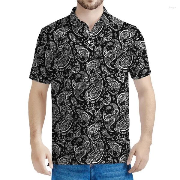 Erkek Polos Siyah Beyaz Paisley 3D Baskılı Polo Gömlek Erkekler Bohemian Çiçek Deseni Kısa Kollar Yaz Kavacı Tees Casual Düğme Tişörtleri