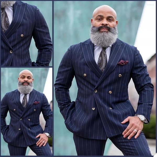 Herrenanzüge Gentleman Navy Blue Striped Männer für Hochzeitsbräutigam Smoking 2 -teilige maßgeschneiderte Mode -Set -Jacke (Jackehose)