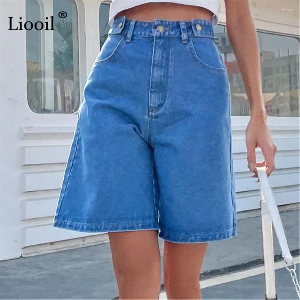 Frauen Jeans Liooil Streetwear Straße Bein Denim Shorts für Frauen Ladies Hight Taille mit Taschenknopf Sommer 2024 gewaschen