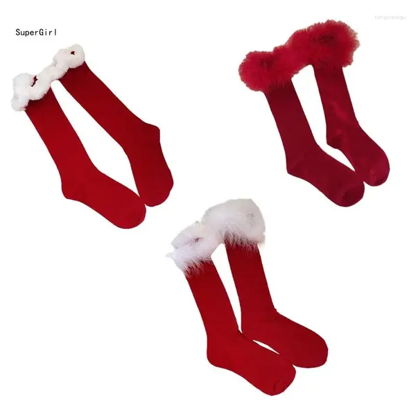 Donne calzini dell'anno di Natale femminile in cotone rosso ginocchio con finiture con piume in pelliccia in finta pelliccia patchwork luminosa di colore solido festa j78e