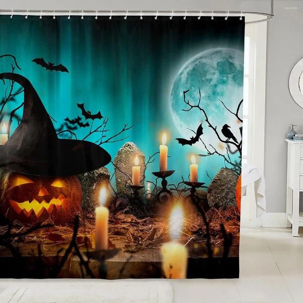 Cortinas de chuveiro cortina de halloween lanterna de abóbora decoração de chapéu de bruxa Black Bat Christmas Bath Kids Banheiro Deco