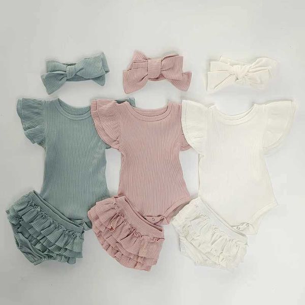 Conjuntos de roupas Primavera/verão Menina de menina recém-nascida 0-2t de 3 peças Clothing Clothing Set Color Solid Lace algodão Casual Casual Childrens Setl2405