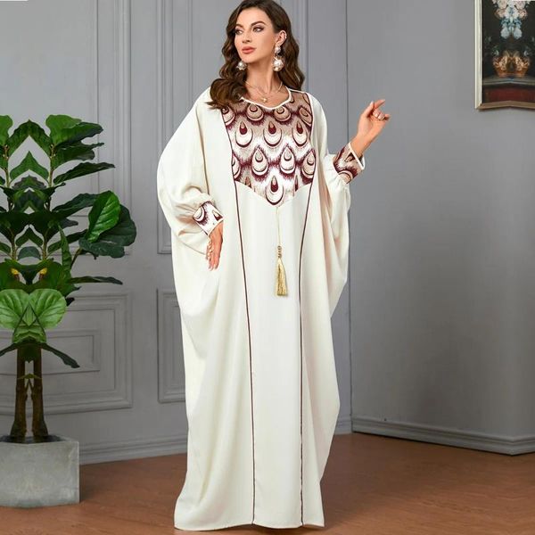 Lässige Kleider lose bedruckte Robe Dubai Türkei Kaftan Muslim Quasten Bat Sleeve Abayas für Frauen Femme Caftan Islam Kleidung Vestidos
