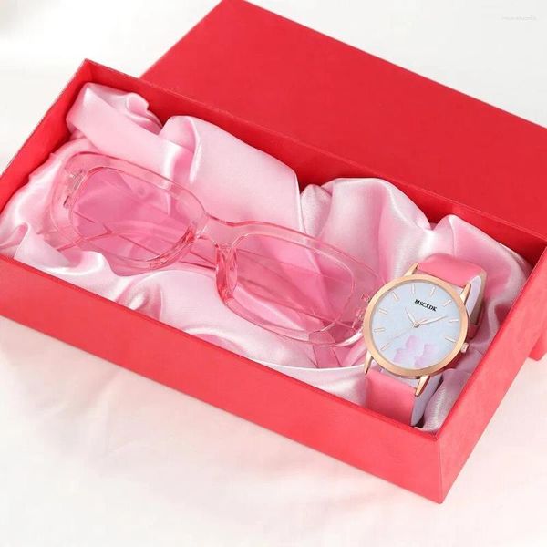 Armbanduhren Frauen rosa Uhr Brille Set Mode weibliche lässige Ledergürtel Uhr Ladies Quarz Kleideruhr Montre Femme