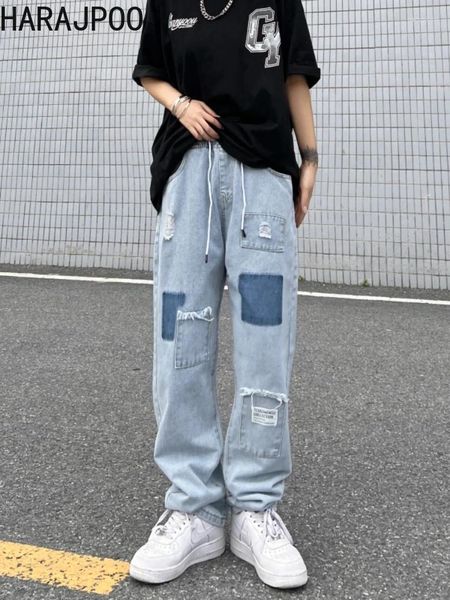 Frauen Jeans Harajpoo Hosen Paar hellblau gewaschener alter Fleck Baggy weites Bein gerade 2024 Harajuku Sommer lässig Hosen