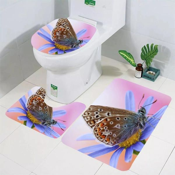 Badmatten Cloocl Toilettenmatte Set Fashion Daisy Butterfly 3D bedrucktes Boden Teppich Teppich Badezimmer Dusche Teppich Kissen Wohnkultur