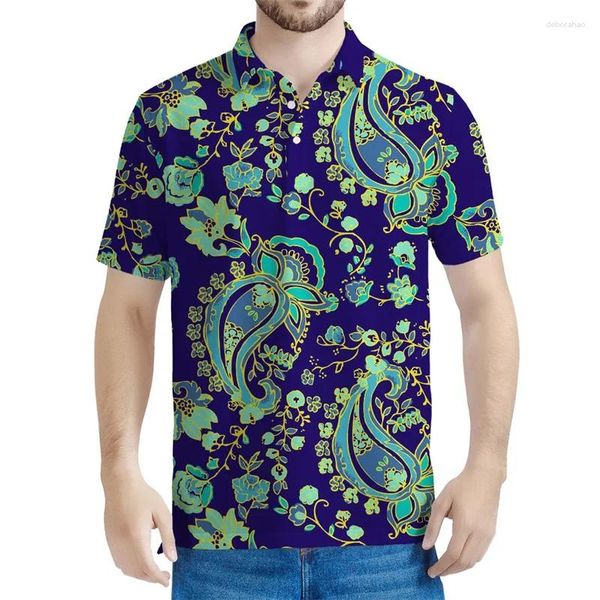 Erkek Polos Vintage Paisley 3D Baskılı Polo Gömlek Erkekler Bohemian Çiçek Deseni Kısa Kollu Yaz Kavacı Tees Casual Düğme Gömlekleri