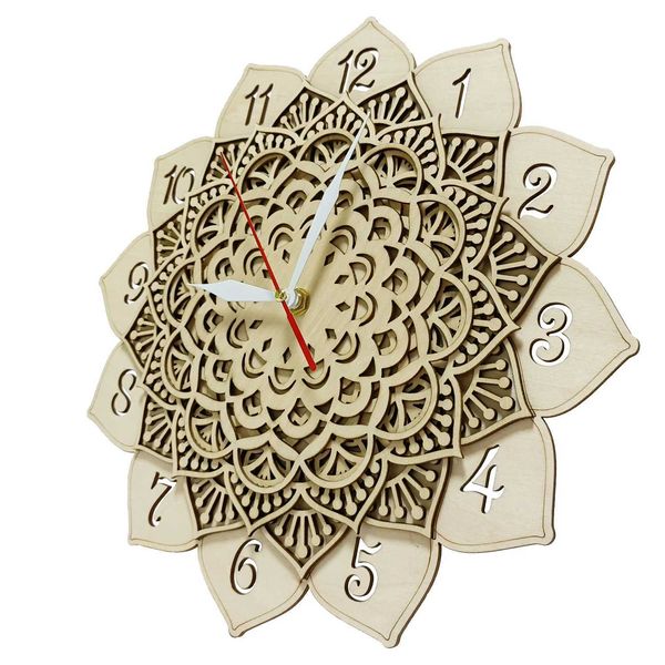 Wanduhren Mandala Holz Wanduhr für Yoga Studio Blumenwandkunst natürliche rustikale Wohnkultur Uhr Zeitmesser Lotus Stille Quarzuhr