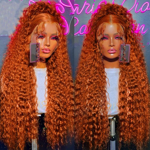 Peruca de renda laranja de gengibre peruano Onda profunda onda profunda de renda cheia de cabelos humanos perucas de água de água HD Lace Frontal Wig sintético para mulheres negras por atacado