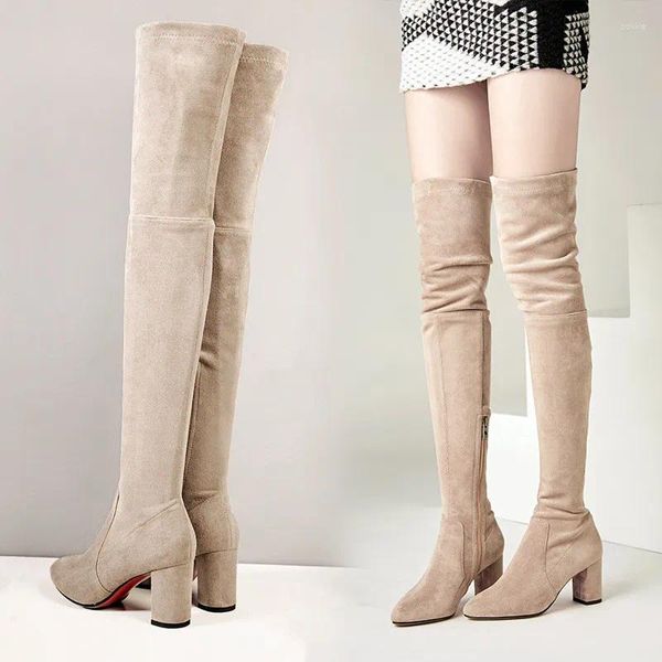 Stiefel 2024 Herbst Frühling langspitze Zehen dicke High Heel Kid Suede Leder über den Knie Frauen Stretch Schuhe i0002