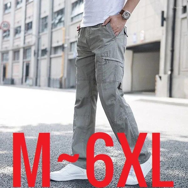 Calça masculina de tamanho grande casual perna reta Algodão de algodão Pant verão fino trabalho masculino lateral largo solteiro Multi Pocket grande