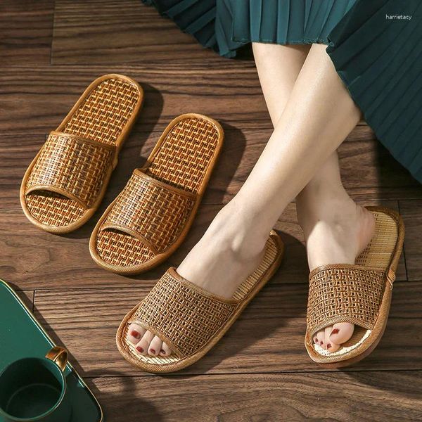 Slippers Comemore 2024 Rattan de verão de moda plana mulher casa slides masculino sandálias de bambu femininas