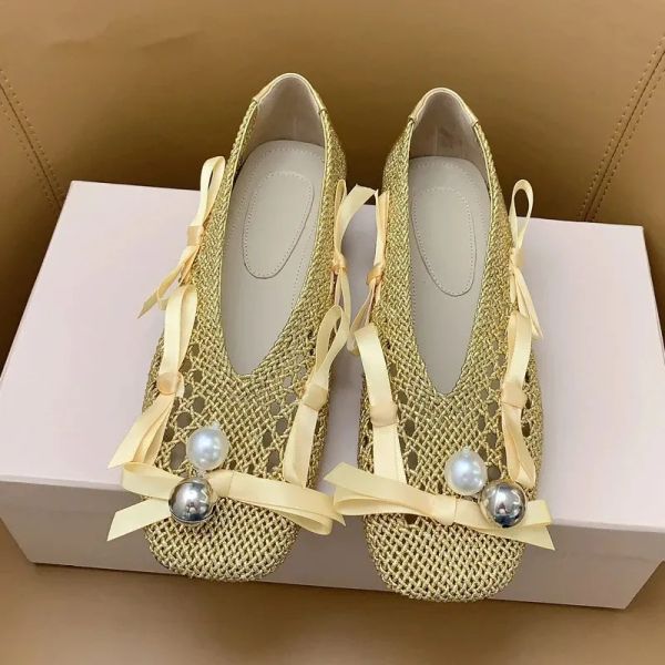 Bowtie Pearl Decor Flats Ballettschuhe Frauen weben hohle Feenschuhe Quadrat