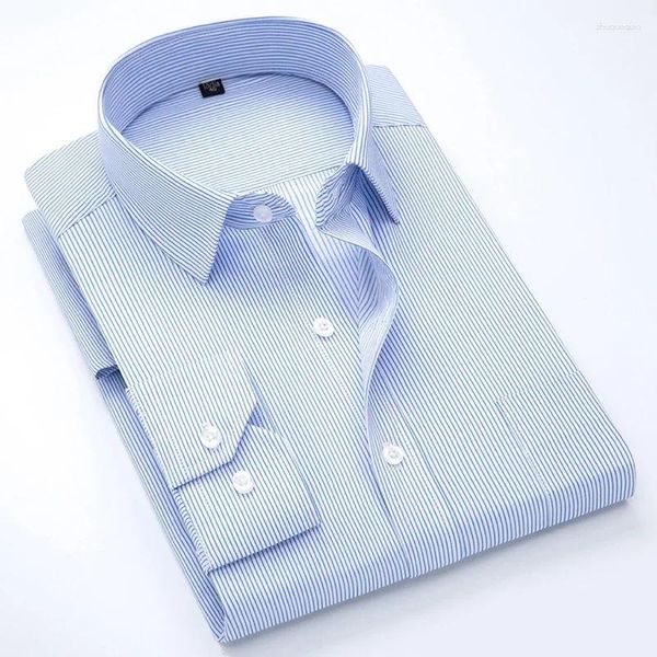 Herren Casual Shirts Classic Langarm Langarm fest gestreifte Basic -Kleider Single Patch Pocket Formal Business Standard Fit Office Social Shirt