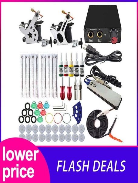 Tatuaggi completi kit per kit macchine per tatuaggi set 2 bobine pistole 5 colori set di pigmenti neri set di potenza trucco permanente 7515723