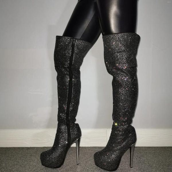 Stiefel echte Po Sex Women Plattform Bling Reißverschluss über Knie -Strasskristall Lang Metall High Heel Luxus dünn