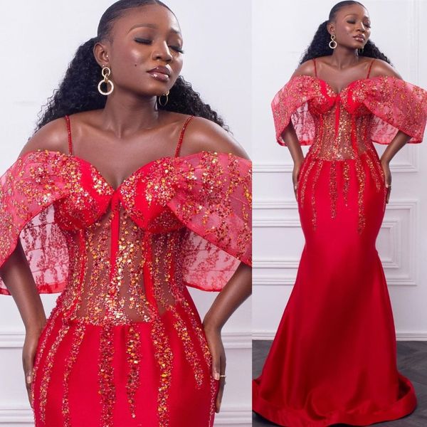 2023 Árabe Aso Ebi Red Mermaid Prom Vestidos