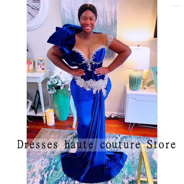 Вечеринка платья Aso ebi Royal Blue Velvet Appliques Вечерние роскошные роскоши 2024 платья с оборками русалка выпускное платье vestidos de boda