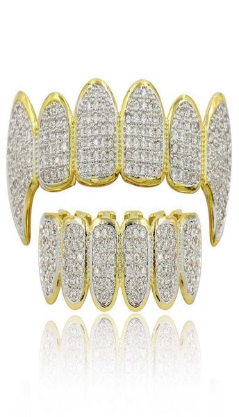 Hip Hop Grillz Luxus grelles Zirkon Micro Pave Dental Grills 2019 Mode Männer Frauen 18K Gold plattierte Zähne Klammer 2 Piece Set Whole4181430