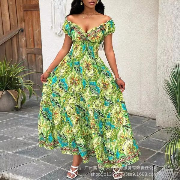 Abiti casual Paisley Abito a manicotto corto Women Floral a Line Long Off Cock a V sul collo alto Elegante Vestidos 2024