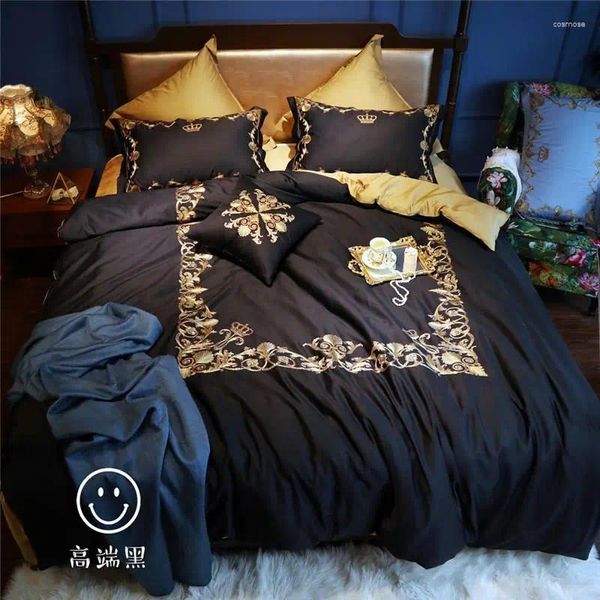 Наборы постельных принадлежностей 43 Европейский стиль черный с золотой вышивкой наборы египетской хлопковой одежды.