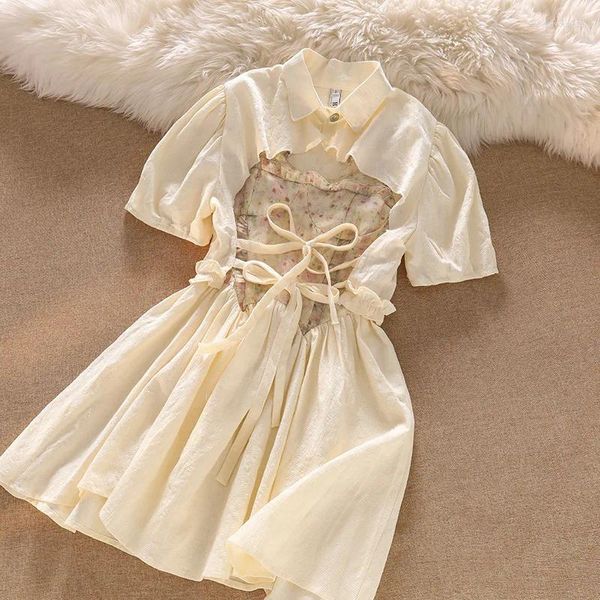 Abiti da festa set di abiti da spalline spaghetti set da donna floreale francese dolce 2024 estate chic 2 pezzi a maniche corte a maniche corte camicia beige top