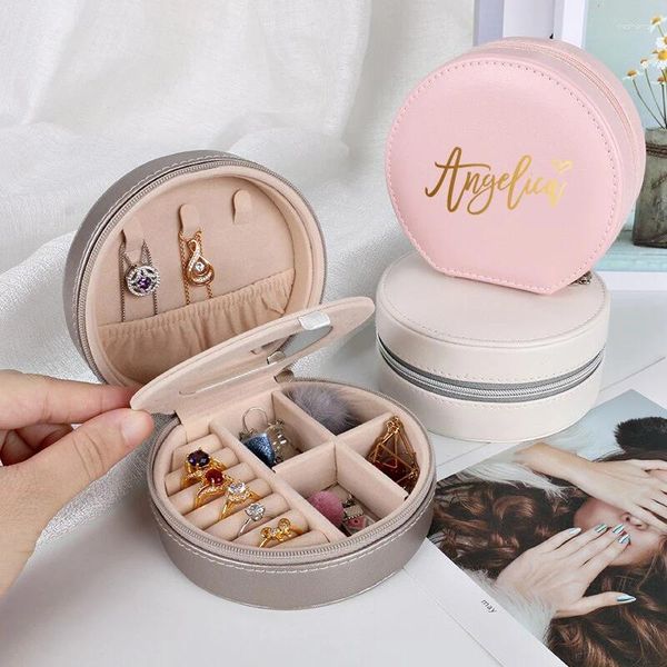 Party -Dekoration Personalisierte tragbare Schmuckschachtel mit Mirror Round Organizer Travel Case PU Lederboxen Geschenke für Juweliere