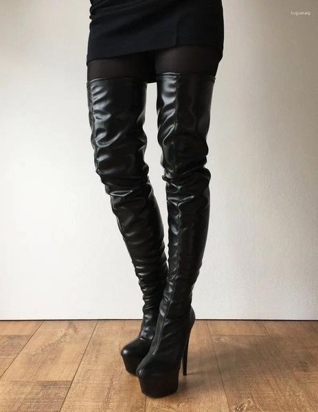 Stiefel Schwarze Oberschenkel hohe Frauen 15 cm Spike Heels Reißverschluss Plattform 5cm Custom Sexy Schuhe Designer Damen Damen