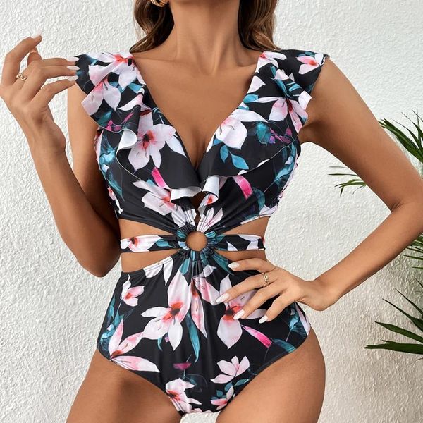 Swimwear femminile 2024 stampato patchwork floreale stampato arruffata con costume da bagno monopezzo sexy donna a v-collo profondo a Ving Up Up Monokini Summer Beach Wear Bareding