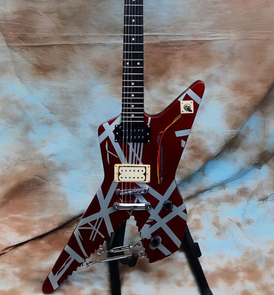 Van Halen 5150 Red, White Band Flying V E -Gitarre Mahagoni Griffboard EMG Pickup Warble Bridge Schwarze Hardware