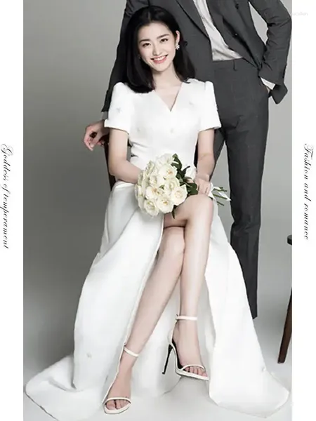 Partykleider satin weißes Hochzeitskleid Einfach mit Ärmeln eine Linie Stickblumen Koreanische Brautkleid Vestido Novia Boho