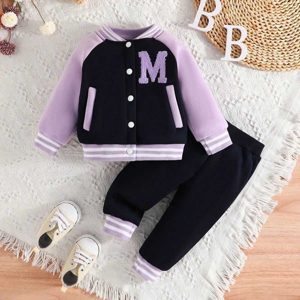 Kleidungssets Kleidungsset für Kid Girl 6 Monate bis 3 Jahre alte Pink Baseball Uniform Knopf Jacke Langarm Mantel und Hosen-Outfit für babyl2405