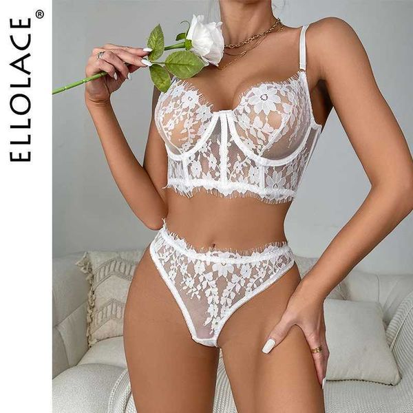 Sexy Set Ellolace Dessous transparente BH Frauen 2 Stück Spitze Unterwäsche weiß sinnliche Hochzeit Intime Porno erotische Outfits Q240511