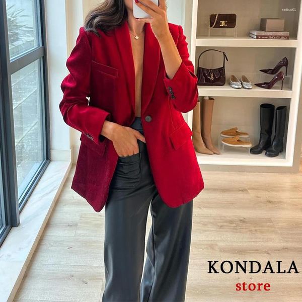 Ternos femininos Kondala vintage chique em veludo vermelho blazers grandes mulheres manga longa v bolsos de pescoço jaquetas moda 2024 escritório lady outwears