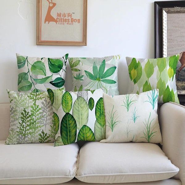 Plantas tropicais de travesseiro de folhas verdes Padrão de linho Caso de linho fresco Sofá em casa Cadeira decorativa capa 45x45cm