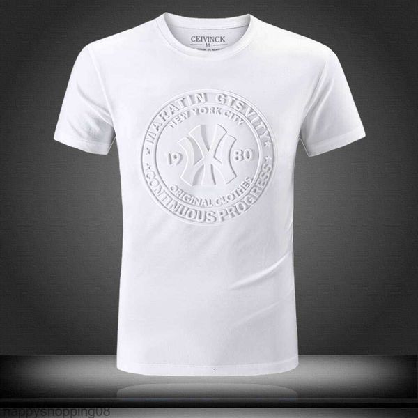 Hong Kong Moda Brand Ins New NY Camiseta curta T-shirt Mens tendência de bordado meio mangas letra 3d letra casual top de seda de gelo