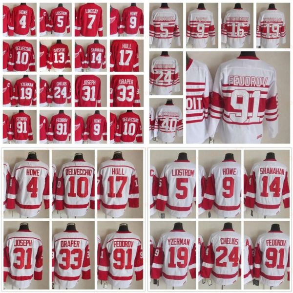 1926-1999 Film Retro CCM Hokey Jersey Nakış 9 Gordie Howe 4 Gordie Howe 5 Nicklas Lidstrom 10 Alex Delvecchio 24 Chris Chelios 14 Shanahan 19 Steve Yzerman