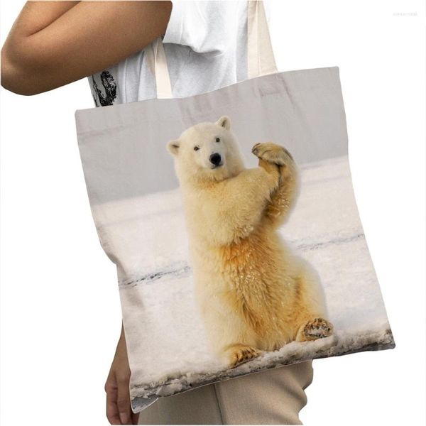 Alışveriş çantaları sevimli cesur kutup ayı büyük kapasiteli alışverişçi gündelik kadınlar vahşi hayvan desen tote çanta yeniden kullanılabilir tuval çanta