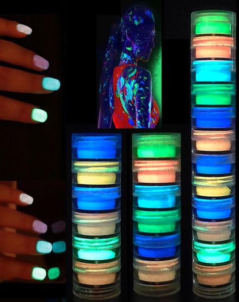 6 cores brilham na escultura de unhas escuras esculturas de cristal acrílico neon pó luminoso de imersão florescente 6pcSset5580768